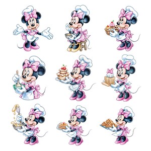 Puede incluir: Nueve ilustraciones de Minnie Mouse con un atuendo de chef, cada una en una pose diferente. Lleva un gorro de chef blanco y un delantal rosa con lunares. Sostiene varios productos horneados y utensilios de cocina, todo sobre un fondo blanco.