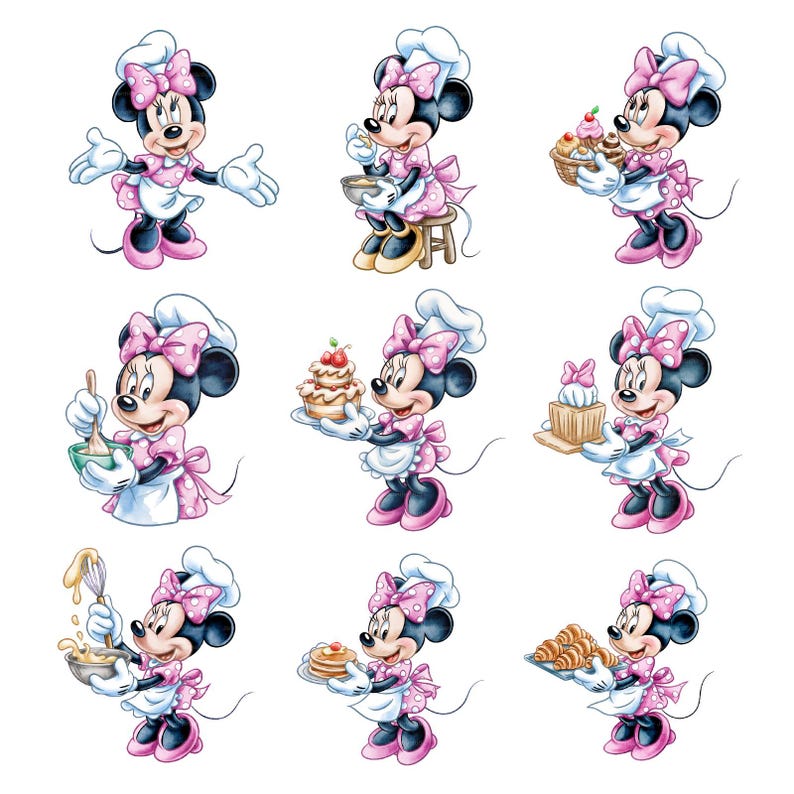 Puede incluir: Nueve ilustraciones de Minnie Mouse con un atuendo de chef, cada una en una pose diferente. Lleva un gorro de chef blanco y un delantal rosa con lunares. Sostiene varios productos horneados y utensilios de cocina, todo sobre un fondo blanco.
