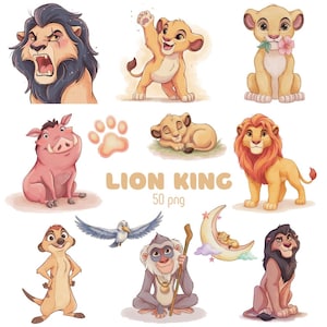 Puede incluir: Una colección de ilustraciones digitales con personajes de El Rey León, incluyendo leones, un jabalí, una suricata, un mono y un pájaro. El texto LION KING 50 png está centrado entre las coloridas figuras de dibujos sobre fondo blanco.
