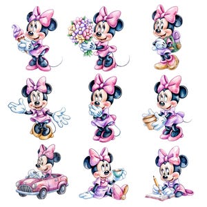 May include: Watercolor illustrations of Minnie Mouse in various poses. She is wearing a pink dress and bow, holding an ice cream cone, flowers, a backpack, a coffee cup, and a pencil. She is also shown in a pink car and covering her mouth.