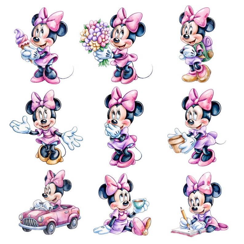 May include: Watercolor illustrations of Minnie Mouse in various poses. She is wearing a pink dress and bow, holding an ice cream cone, flowers, a backpack, a coffee cup, and a pencil. She is also shown in a pink car and covering her mouth.
