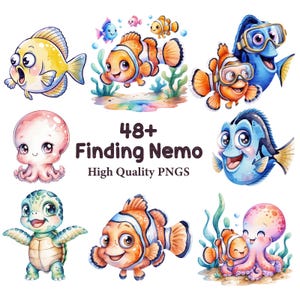 Puede incluir: Una colección de ilustraciones en acuarela con personajes de la película "Buscando a Nemo". La imagen incluye varios peces, un pulpo y una tortuga marina. El texto en la imagen dice "48+ Finding Nemo High Quality PNGs."