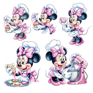 Puede incluir: Ilustraciones en acuarela de Minnie Mouse como panadera. Minnie se muestra decorando cupcakes, galletas y usando una batidora de pie rosa. Lleva un lazo rosa con lunares, un gorro de chef y un delantal.