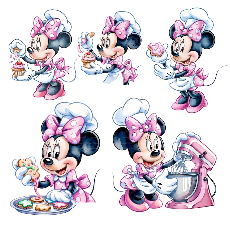 Puede incluir: Ilustraciones en acuarela de Minnie Mouse como panadera. Minnie se muestra decorando cupcakes, galletas y usando una batidora de pie rosa. Lleva un lazo rosa con lunares, un gorro de chef y un delantal.