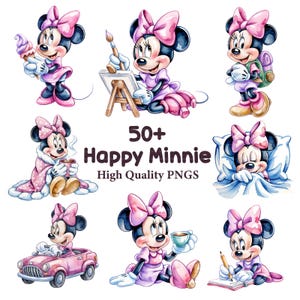 May include: Watercolor illustrations of Minnie Mouse in various poses. Minnie is depicted with a pink bow, wearing pink and purple outfits, and engaging in activities like painting, driving a car, and enjoying a cup of coffee. Text reads "50+ Happy Minnie High Quality PNGs."