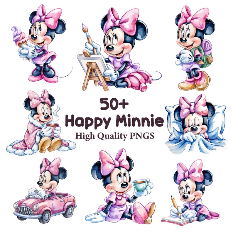 May include: Watercolor illustrations of Minnie Mouse in various poses. Minnie is depicted with a pink bow, wearing pink and purple outfits, and engaging in activities like painting, driving a car, and enjoying a cup of coffee. Text reads "50+ Happy Minnie High Quality PNGs."