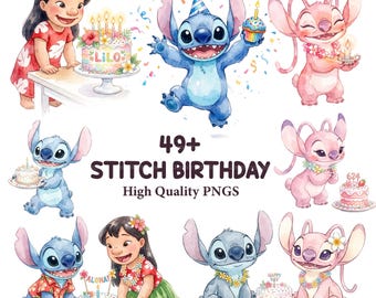 Stitch Birthday Watercolor Clipart PNG Bundle, Cute Stitch Party Digital Kit, Birthday Girl Sublimation, Cake Topper, 300 DPI PNG