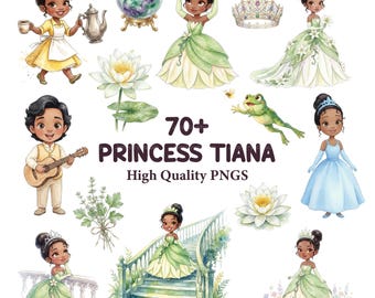Cute Princess and Frog Clipart • High Resolution PNG Bundle, Princess Tiana Watercolor Collection • Instant Download