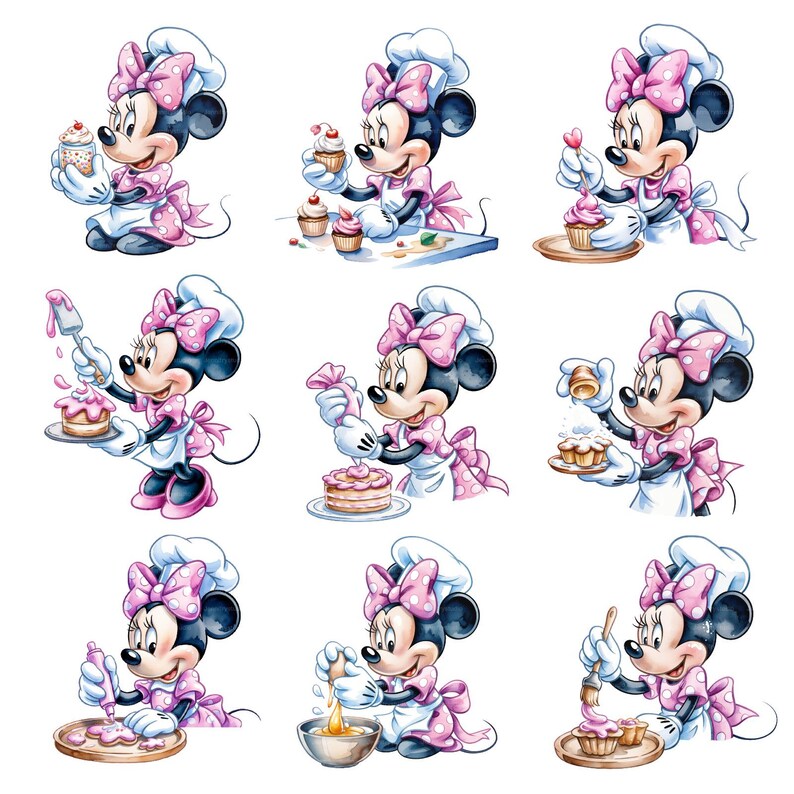 Puede incluir: Ilustraci&oacute;n en acuarela de Minnie Mouse con gorro y delantal de chef, horneando cupcakes y un pastel. Minnie lleva un vestido rosa con lunares y un lazo. La imagen muestra varias etapas de la reposter&iacute;a, desde mezclar ingredientes hasta decorar.