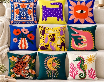 Whimsical Folk Art Pillow Cover, Cat Crocodile Tiger Seahorse Cushion, Quirky Maximalist Decor