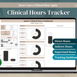 May include: A MacBook Pro displays a clinical hours tracker dashboard. The screen shows data visualizations, including pie charts and bar graphs, with labels like "Direct Hours" and "Indirect Hours." The text "Clinical Hours Tracker" is prominently displayed.