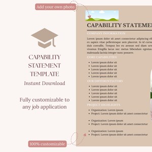 K&ouml;nnte beinhalten: Eine digitale Vorlage f&uuml;r eine Leistungsbeschreibung. Das Design zeigt ein Abschlusskappen-Symbol, die Worte "CAPABILITY STATEMENT TEMPLATE" und "Instant Download". Das Dokument ist vollst&auml;ndig anpassbar.