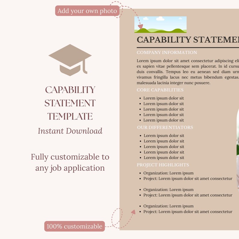 K&ouml;nnte beinhalten: Eine digitale Vorlage f&uuml;r eine Leistungsbeschreibung. Das Design zeigt ein Abschlusskappen-Symbol, die Worte "CAPABILITY STATEMENT TEMPLATE" und "Instant Download". Das Dokument ist vollst&auml;ndig anpassbar.