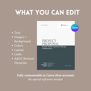 May include: A digital template for a project proposal, with the text "PROJECT PROPOSAL" and "Mental Health Systems Change Collaborative." The design includes a Canva logo and the words "WHAT YOU CAN EDIT" and "Fully customizable in Canva (free account)."
