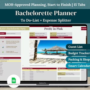May include: A laptop displays a bachelorette party planner with tabs for to-do lists, expense splitting, and guest lists. The screen shows a "Pretty in Pink" theme with a beach scene. The planner includes a smart calendar and packing lists.