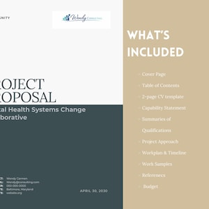 May include: A project proposal document with the title "Project Proposal" and the subtitle "Mental Health Systems Change Collaborative." The document includes a list of included items such as a cover page, table of contents, and budget. The document is dated April 30, 2030.