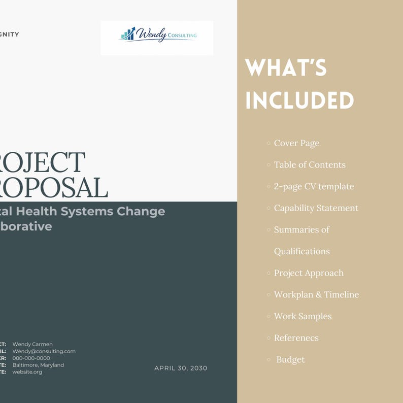 May include: A project proposal document with the title "Project Proposal" and the subtitle "Mental Health Systems Change Collaborative." The document includes a list of included items such as a cover page, table of contents, and budget. The document is dated April 30, 2030.