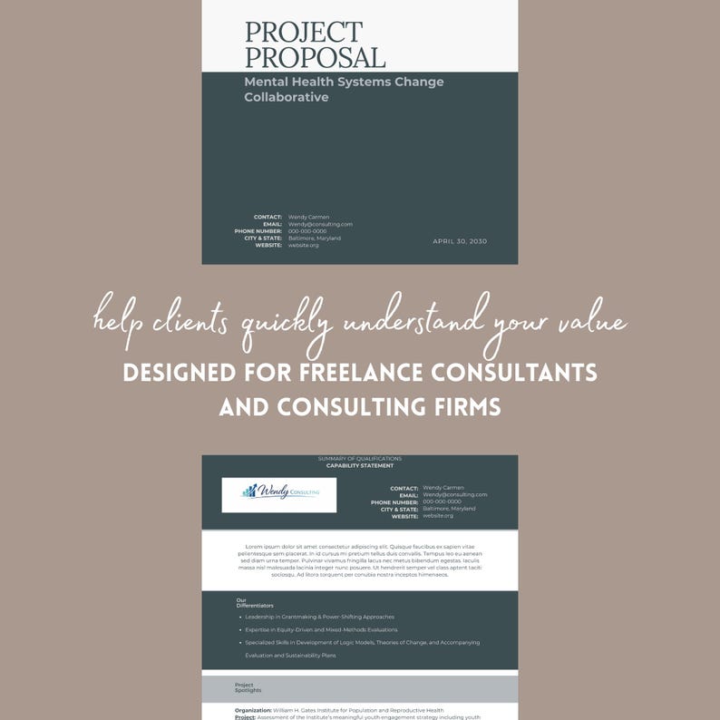 May include: A professional document titled "Project Proposal" with the text "Mental Health Systems Change Collaborative." The design includes contact information and the phrase "help clients quickly understand your value." Designed for freelance consultants and consulting firms.