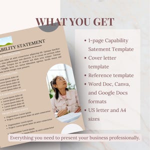 K&ouml;nnte beinhalten: Ein beiges und wei&szlig;es Dokument mit dem Titel "ABILITY STATEMENT" mit einem Foto einer Person, die nach oben schaut. Der Text "WHAT YOU GET" steht oben, mit Aufz&auml;hlungszeichen, die Vorlagen und Formate auflisten. Der Text "Everything you need to present your business professionally."