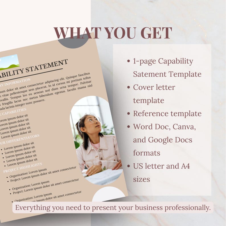 K&ouml;nnte beinhalten: Ein beiges und wei&szlig;es Dokument mit dem Titel "ABILITY STATEMENT" mit einem Foto einer Person, die nach oben schaut. Der Text "WHAT YOU GET" steht oben, mit Aufz&auml;hlungszeichen, die Vorlagen und Formate auflisten. Der Text "Everything you need to present your business professionally."