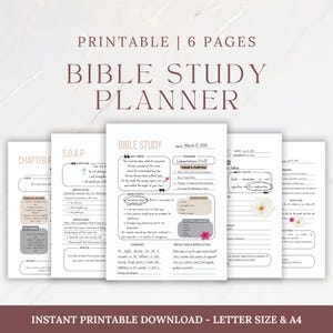 May include: A printable Bible study planner with six pages. The pages include sections for scripture, observation, application, and prayer. The planner is designed for instant download and is available in letter size and A4.