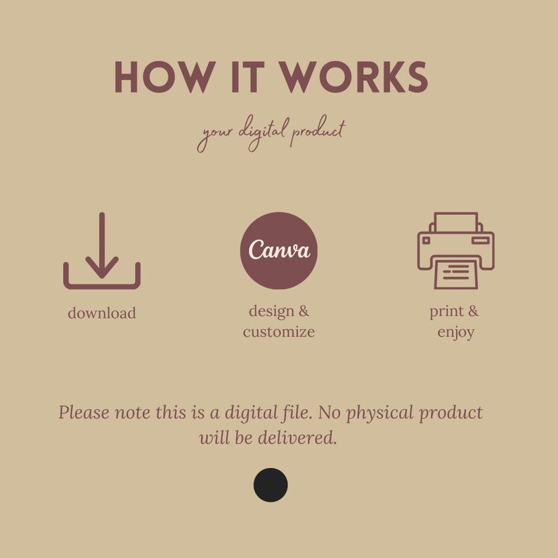 May include: A beige graphic with the text "HOW IT WORKS" in maroon. The steps are download, design & customize with Canva, and print & enjoy. The text "your digital product" is also included. The bottom text states, "Please note this is a digital file. No physical product will be delivered."