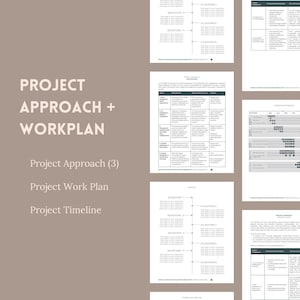 May include: A collection of project management documents, including a project approach, work plan, and timeline. The documents are printed on white paper with black text and are arranged against a neutral background. The title "PROJECT APPROACH + WORKPLAN" is prominently displayed.