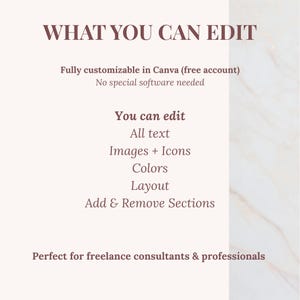 K&ouml;nnte beinhalten: Hellbeige Grafik mit dem Text "WHAT YOU CAN EDIT" in dunkelbrauner Schrift. Der Text darunter listet bearbeitbare Funktionen auf: Text, Bilder, Icons, Farben, Layout und Abschnitte. Grafik f&uuml;r freiberufliche Berater und Profis.