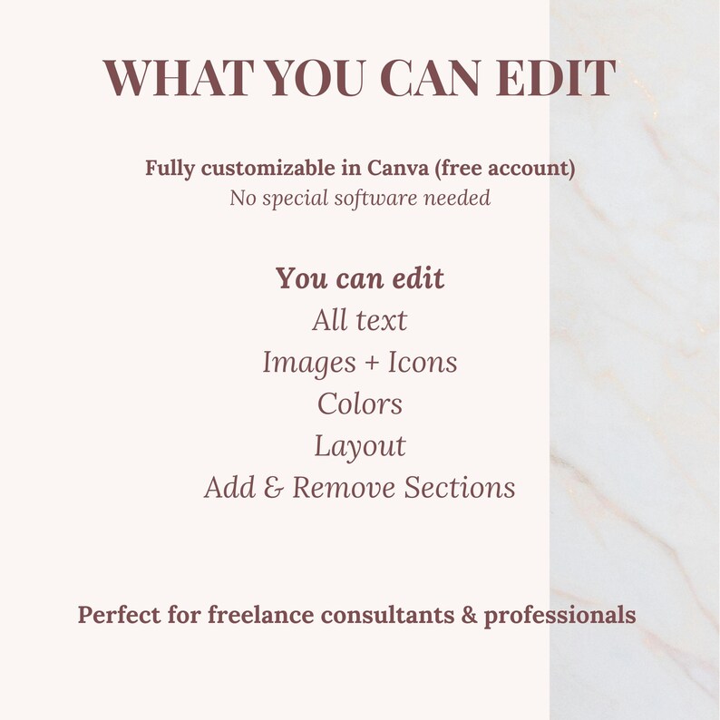 K&ouml;nnte beinhalten: Hellbeige Grafik mit dem Text "WHAT YOU CAN EDIT" in dunkelbrauner Schrift. Der Text darunter listet bearbeitbare Funktionen auf: Text, Bilder, Icons, Farben, Layout und Abschnitte. Grafik f&uuml;r freiberufliche Berater und Profis.