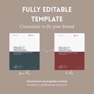 May include: A graphic showing a "Project Proposal" template with the text "Fully Editable Template" and "Customize to fit your brand." The image shows a before and after of the template, with the text "from this" and "to this."