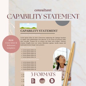 Peut inclure: Modèle numérique de déclaration de capacités avec le titre « CAPABILITY STATEMENT » en police serif. La conception comprend une photo d'une personne, un stylo doré et des icônes pour Word, Canva et un document. Le modèle propose des modèles de lettre de motivation et de référence.