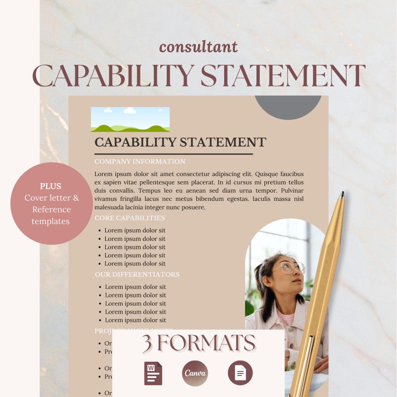 K&ouml;nnte beinhalten: Digitale Vorlage f&uuml;r eine Leistungsbeschreibung mit dem Titel &bdquo;CAPABILITY STATEMENT&ldquo; in einer Serifenschrift. Das Design umfasst ein Foto einer Person, einen goldenen Stift und Symbole f&uuml;r Word, Canva und ein Dokument. Die Vorlage bietet Vorlagen f&uuml;r Anschreiben und Referenzen.