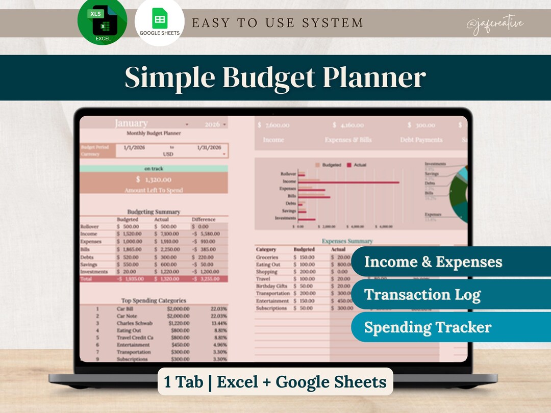 Monthly Budget Tracker Google Sheets | Excel Personal Finance Planner ...