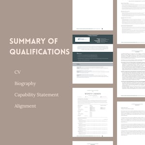 May include: A collection of professional documents, including a resume and a summary of qualifications, are displayed against a neutral background. The documents feature text and are arranged to showcase their content. The color scheme is primarily black and white.