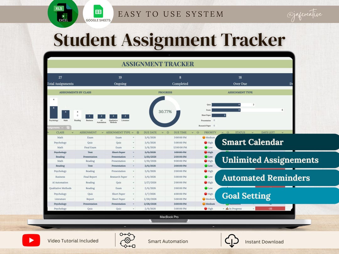 Student Assignment Tracker Spreadsheet (google Sheets/excel) - Etsy