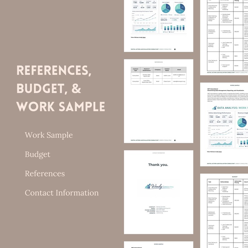 May include: A collection of documents with charts, graphs, and tables, labeled "REFERENCES, BUDGET, & WORK SAMPLE." The documents include data analysis, budget details, and contact information. The text "Thank you" and a logo are also visible.
