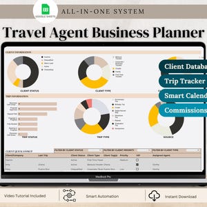 May include: A MacBook Pro displaying a "Travel Agent Business Planner" interface. The screen shows charts, graphs, and data tables for client information, trip tracking, and commissions. Features include a client database, smart calendar, and instant download.
