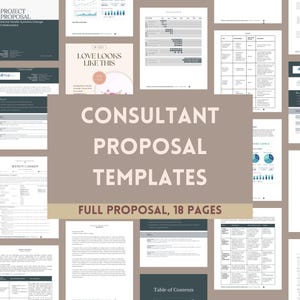 Könnte beinhalten: Eine Sammlung von Vorlagen für Beraterangebote. Der zentrale Text lautet "CONSULTANT PROPOSAL TEMPLATES" mit "FULL PROPOSAL, 18 PAGES" darunter. Verschiedene Dokumentenlayouts werden angezeigt, darunter Diagramme, Grafiken und textbasierte Berichte. Das Farbschema ist hauptsächlich neutral mit Akzenten in Türkis und Beige.