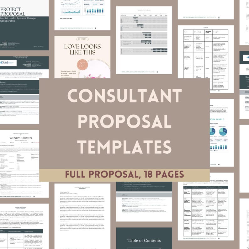 May include: A collection of consultant proposal templates. The central text reads "CONSULTANT PROPOSAL TEMPLATES" with "FULL PROPOSAL, 18 PAGES" below. Various document layouts are displayed, including charts, graphs, and text-based reports. The color scheme is primarily neutral with accents of teal and beige.