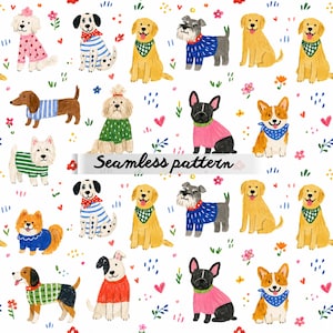 May include: Seamless pattern featuring various dog breeds in colorful outfits and accessories. The dogs are surrounded by flowers, hearts, and foliage on a white background. The text "Seamless pattern" is displayed.