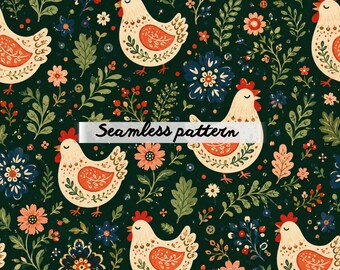 Nahtloses Hühnermuster im Stil der Volkskunst (JPG) – Skandinavisches Blumenmotiv mit Huhn, nordischen Wildblumen, rustikaler Landhausstil für Stoffe und Tapeten