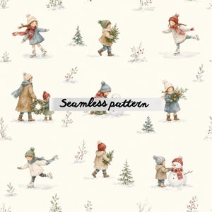 May include: A seamless pattern with watercolour illustrations of children in winter attire. The children are depicted ice skating, building a snowman, and carrying a Christmas tree. The text "Seamless pattern" is visible.
