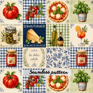Italian Kitchen Patchwork Seamless Pattern, Watercolor Pizza, Tomatoes & Olive Oil, Mediterranean Farmhouse Fabric Design
