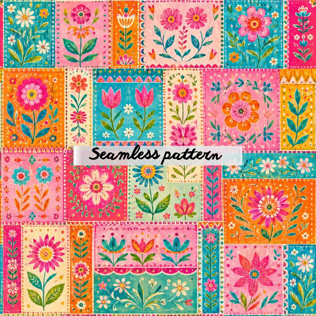 Colorful Folk Art Seamless Pattern JPG | Boho Floral Patchwork Repeat ...
