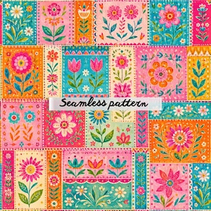 Pode incluir: Um padrão sem costura colorido com desenhos florais em estilo patchwork. O padrão inclui várias flores em tons de rosa, laranja, turquesa e verde, com o texto "Seamless pattern" sobreposto.