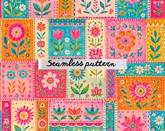 Colorful Folk Art Seamless Pattern JPG | Boho Floral Patchwork Repeat | Scandinavian Retro Fabric Design