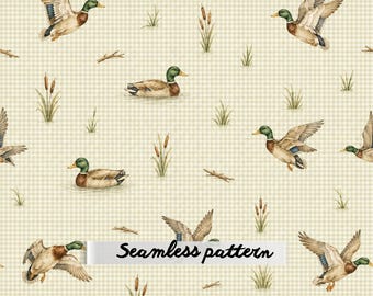 Vintage Mallard Duck Seamless Pattern, Rustic Gingham Waterfowl Print, Woodland Lake Cottagecore Fabric, Watercolor Hunting Lodge JPG