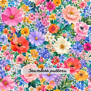 Pode incluir: Um padrão sem costuras apresentando um arranjo denso de flores coloridas, incluindo rosas, vermelhas, laranjas, amarelas, roxas e brancas com folhas verdes. Uma faixa branca horizontal exibe o texto Seamless pattern no centro.