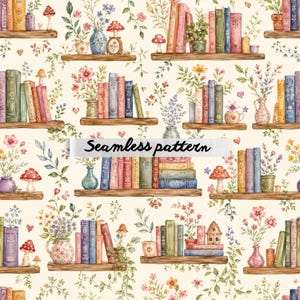 Puede incluir: Patrón sin costuras de acuarela con estanterías llenas de libros coloridos, jarrones con flores y acentos de hongos. El texto "Seamless pattern" se muestra en la imagen. El diseño tiene una estética vintage y caprichosa.