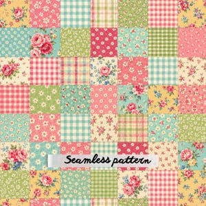 May include: A patchwork fabric design featuring a grid of squares with various floral prints, gingham checks, and plaid patterns in shades of pink, yellow, green, and blue. A white horizontal banner displays the text Seamless pattern.